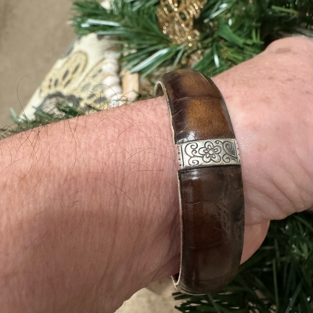 Brighton Vintage Silver & Brown Leather Bangle Bracelet